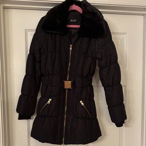 Me Jane Girls Black Puffer Belted Jacket with Faux Fur, Size 10
